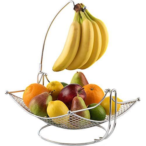 Dinette Decor Fruit Bowl With Banana Hanger - Fruit Basket With Detachable Banana Holder - Black Chrome Or Bronze Color Options (Chrome) #TOP7