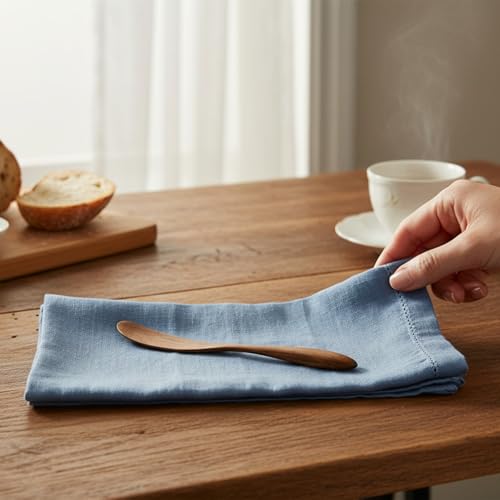 Hemstitched Linen Napkins – 20 Inch x 20 Inch – Stonewashed Pure Linen Cloth Dinner Napkins with Mitered Corners - 100% French Flax – Machine Washable - Set of 4 (Dusty Pastel Blue) by Eight Owls - Used condition - Image 5