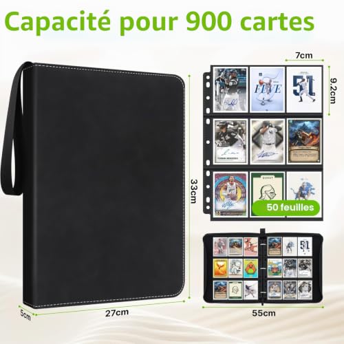 WISYOK Classeur Carte, Capacité de 50 pages de 900 Cartes, Porte Carte à Collectionner, Album de Cartes, Card Binder, Portfolio Carte, Binder Toploader pour Pokemon, TCG Cartes, Carte de Jeu (Noir) – vue 2