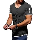 Rapbin Herren T-Shirt V Ausschnitt Tshirt Kurzarm Running Workout Sportshirt Oberteil Atmungsaktive Lässige Sportliche Tee Shirts dunkelgrau L