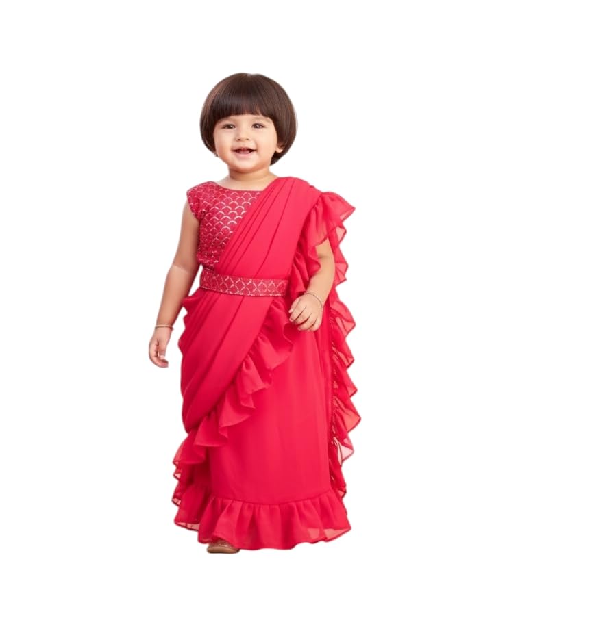 Sari georgette pour fille vert foncé avec broderie et son dupatta