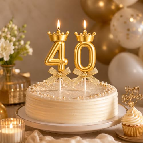 Image of Premium Gold Number 40 Birthday Candle Set with Crown - Metallic Cake Topper for 40th Birthday & Anniversary Celebration, 2 Pcs