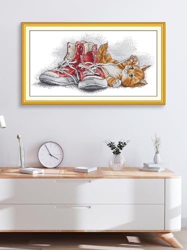 Image of Aiorkeng Cross Stitch Kits Stamped Full Range of Embroidery Starter Kits for Adults Beginners DIY 11CT 3 Strands -Printed kit Yellow Cat Playing with Shoelaces(Printed) 20.1x10.6 inches