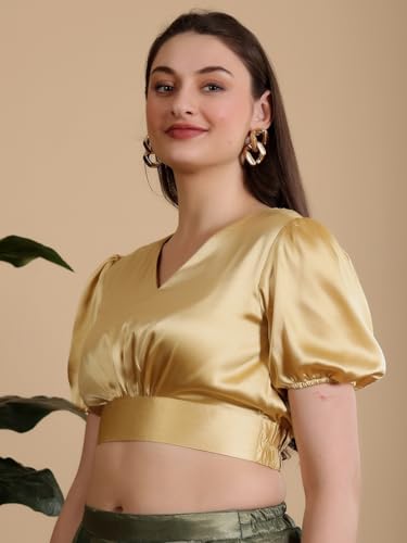 Image of Frolic Rolic Premium Silk V-Neck Blouse Readymade Saree Blouse - Designer Puff Sleeve Blouse for Wedding