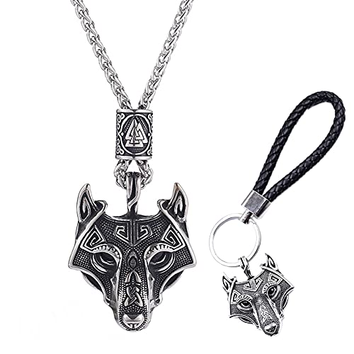 Collier pendentif tête de loup viking et amulette de rune valknut nordique