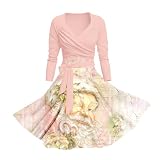 UnoSheng Conjunto de dos piezas para mujer, estampado navideño, monocolor, cuello en V, manga larga, cárdigan, camisola, vestido de invierno para mujer, elegante, Rosa., M