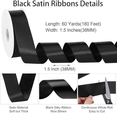 Image of woric Black Ribbon 1 1 /2 inch 60 Yards Satin Crafts Fabric Ribbon for Flower Bouquet Graduation Leis Boy Men Crafts Bows Making Party Clothes Decorations