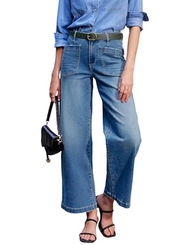 Women's Wide Leg Jeans High Waisted Stretchy Straight Leg Jeans Loose Trendy Denim Pants with Pocket