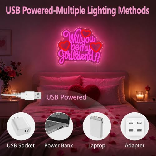 Image of Will You Be My Girlfriend Neon Sign for Wall Decor Pink LED Light Sign for Room Decor Dimmable Light Up Sign for Birthday Party Decoration USB Powered