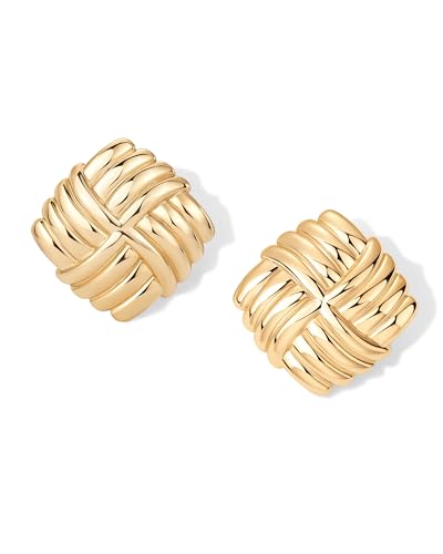 Image of PAVOI 14K Gold Plated Chunky Vintage Earrings for Women - Trendy Textured Ribbed Knot Geometric Triangle Rope Button Seashell Wing Dangle Drop Stud Earring