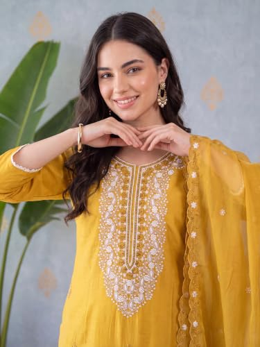 Image of INDO ERA Women's Silk Blend Embroidered Thread Work Kurta & Pant with Dupatta Set | Suit Set For Women