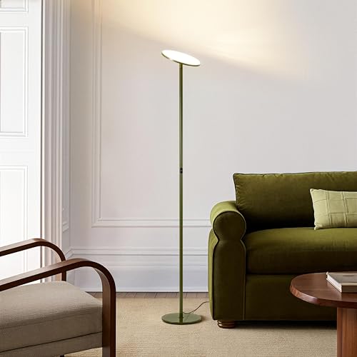 Image of Brightech Sky LED Floor lamp, Torchiere Super Bright Floor Lamp for Living Room Decor & Office - Dimmable, Tall Standing Lamp with Warm Light for Bedroom & Reading - Olive Green