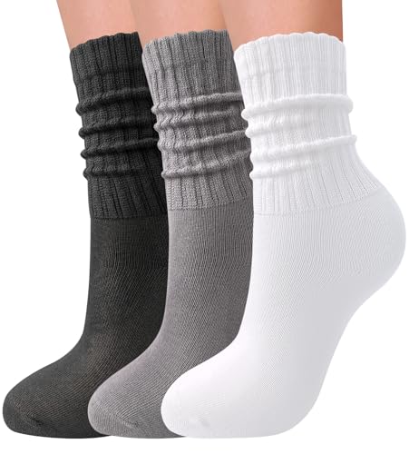 Image of 3 Pairs Slouch Socks for Women Soft Mid Calf Rib Scrunch Crew Tube Socks