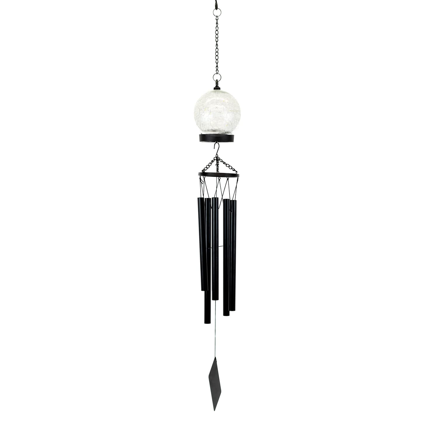 Gardenwize Black Solar Powered Crackle Ball Wind Chime – Warm White Led, Energy Efficient With No Running Costs, 12Cm Decorative Glass Ball, Built-In Back-Up Battery (Gw424)