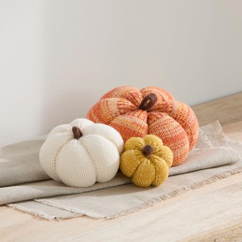Image of Set of 3 Multi-size Cozy Knit Pumpkins (Candy Corn Large Multi-size set) | Fall Home decor, Shelf sitters, Bowl fillers, Gift for Friend