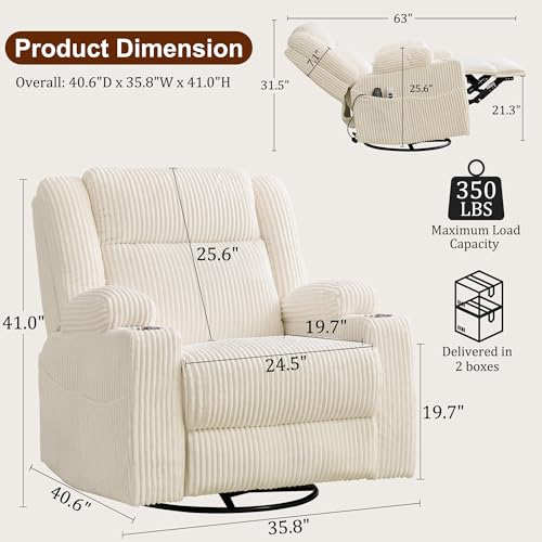 Image of Korser Power Swivel Rocker Recliner with Dual Motor Adjustable Headrest for Adults, Oversized 24 inch Wide Seat Glider Rocking Chair with Massage & Heat, Corduroy Electric Recliner with USB&Type-C, Beige