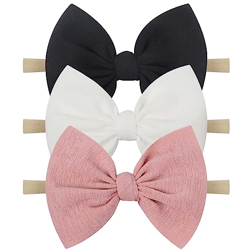 Image of YanJie Baby Girls Nylon Headbands Newborn Bows Handmade Hair Bows Hairbands Hair Accessories for Newborn Infant Toddlers Kids (black white pink)