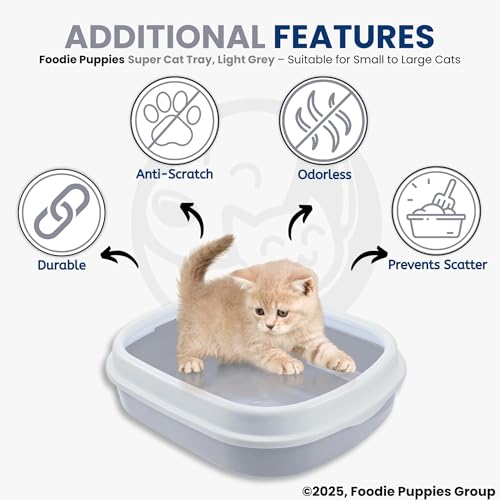 Image of Foodie Puppies Cat Litter Box Tray with Rim and Scooper (Large, 46 x 38 x 13 cm) | Semi-Closed Design and Durable Quality | Pet Litter Sand Tray Suitable for All Adult Cats & Kittens (Light Grey)