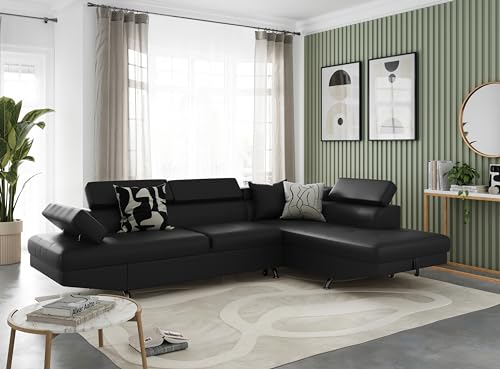 LOUNGITUDE - RIO - Canapé d'angle -Gauche- Convertible - 5 Places - Coffre - Têtières réglables - En Simili - Noir - L271cm
