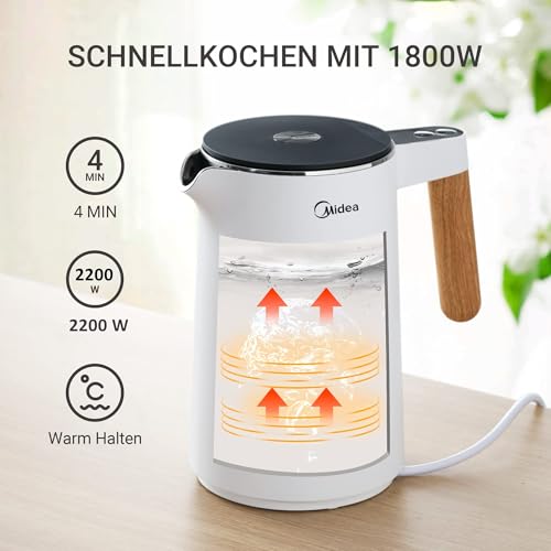 Midea Edelstahl Wasserkocher mit Temperatureinstellung und 1,5 Liter Fassungsvermögen