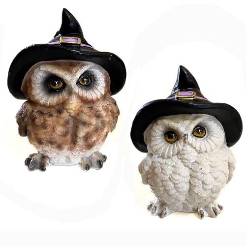Pack of 2 Realistic Owls Halloween Decoration White Snow Owl in Witch Hat Home Decorative Sculptures Photo Props Collectible Gift (White+Brown)