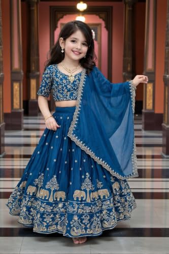 Image of Kids Chiffon Lehenga Choli, Embroidered Elephant and Floral Print, Festive Ethnic Wear with Dupatta