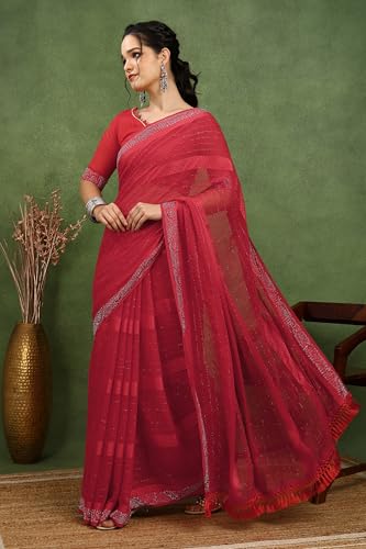 Image of MIRCHI FASHION Saree for Woman Georgette Solid with Satin Stripes | Stone Border Farewell and Ceremonial Sari with Blouse Piece