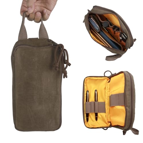 WEESTAAMO EDC Pouch Organizer aus Gewachster Leinwand, Kleine Werkzeugtasche mit 2 Reißverschlussfächern, Molle-System & D-Ringen, Vielseitige Zubehörtasche für Outdoor, Bushcraft, Camping & Reisen