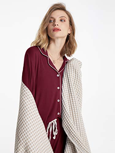 SIORO Womens Cotton Pajamas Long Sleeve Autumn Pajamas PJ Set Soft Knit Loungewear Sleepwear Sets for Women Burgundy L - Thumbnail 4