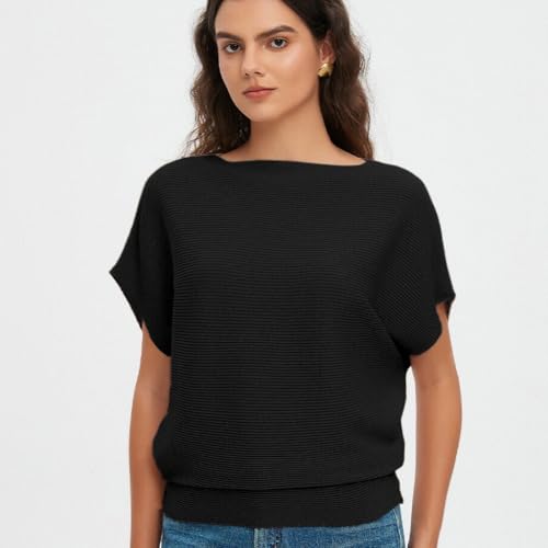 Image of EDSTAR Boat Neck Batwing Cap Sleeves Dolman Knitted Sweaters Summer Lightweight Pullovers Tops for Women (Cap Sleeve, Black)