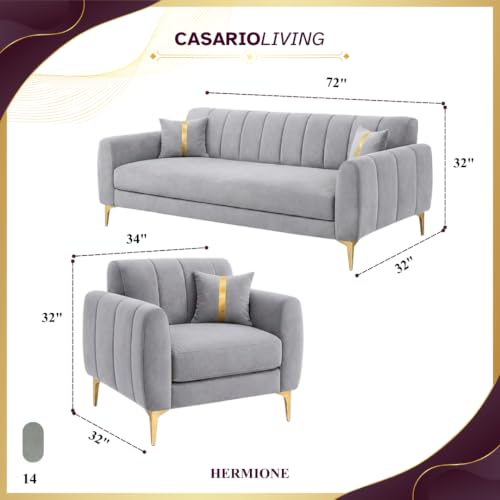 Image of Hermione Luxe Velvet-Suede Fabric 3 Seater + 1 Seater + 1 Seater Sofa Set | Golden Legs | Comfortable & Spacious Seating | Modern Sofa Set for Living Room - Light Gray