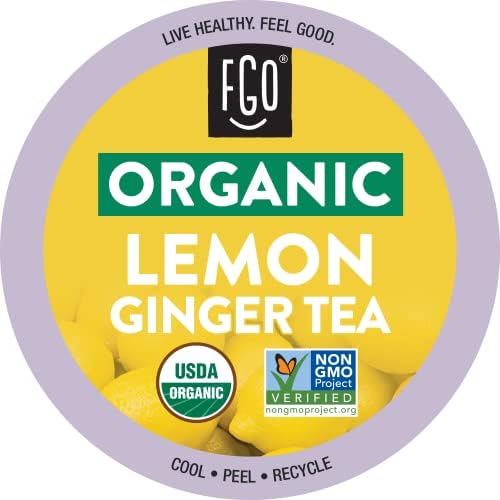FGO Organic Premium Lemon Ginger Tea K-Cup Pods for Keurig, 24 Count (Pack of 1), Naturally Caffeine-Free Herbal Tea is USDA Organic, Non-GMO, & Recyclable