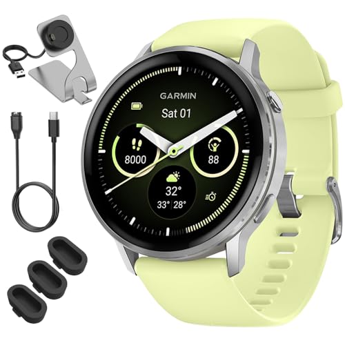Garmin Venu 4 45mm Health & Fitness GPS Smartwatch, Silver with Citron Silicone Band 010-03014-02 Bundle with Deco Essentials Charging Dock, 3X Silicone Dust Cover and Type C Charging & Sync Cable