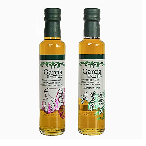 García de la Cruz - Pack de Regalo de Aceite de Oliva Virgen Extra Ecológico Aromatizado, Albahaca y Ajo, Pack de 2 x 250 ml Botellas de Vidrio