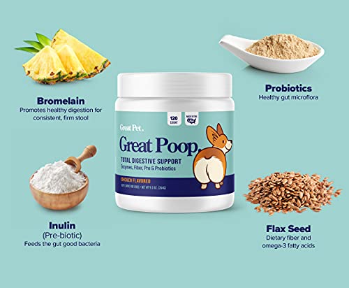 Great Poop Probiotics For Dogs - A Fiber For Dogs Supplement With Dog Probiotics And Digestive Enzymes For A Healthy Gut, Firm Stool & Diarrhea Relief - Chicken Flavored Pet Soft Chews With Prebiotics #TOP2