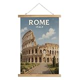 WREVERW Vintage Rome Italy Wall Art Poster, Colosseum Cityscape Canvas Hanging Scroll with Wooden Frame, Travel Decor for Living Room Bedroom Office, 16x23 Inch