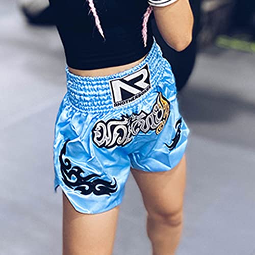 Foto von ZHOUBA Box-Shorts, hohe Elastizität, atmungsaktiv, Muay Thai, Kordel-Design, Kickbox-Shorts für Erwachsene und Kinder, Kampfshorts, Herrenbekleidung, Hellblau, XS