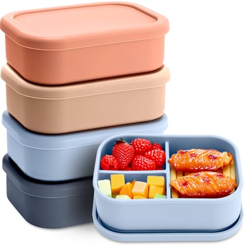 Image of Honeydak 4 Pcs Silicone Bento Box, 3 Compartment Lunch Food Container for Women Men, Leak Proof Microwave Easy to Clean Dishwasher Freezer Safe (Grey,Blue,Khaki,Orange)
