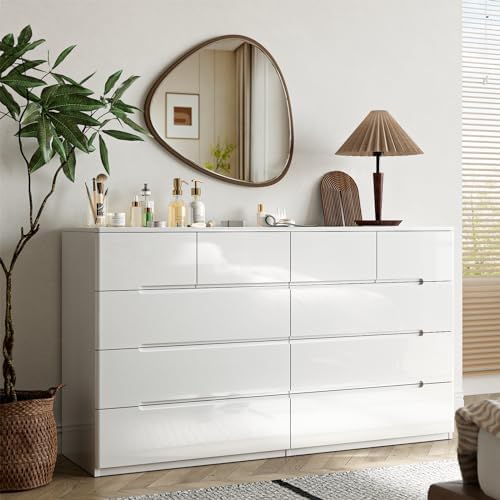 ZORPLIX 10 Drawer Dresser, White Dresser for Bedroom, High Gloss Modern Dresser & Chest of Drawers, 55" Long Dresser, Large Double Dresser for Bedroom
