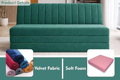 Image of 3-Seater Convertible Floor Sofa Bed with Adjustable Backrest, Modern Velvet Fabric Folding Couch for Living Room, Guest Room & Small Spaces-Green