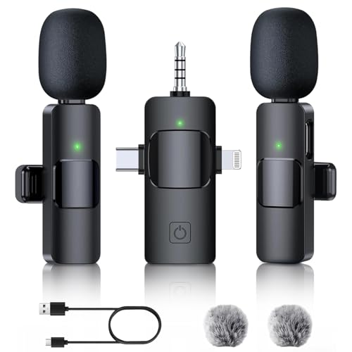3 in 1 Wireless Microphones for iPhone & Android Wireless Lavalier Microphone for Video Recording USB-C Clip-on Lapel Bluetooth Microphone for Professional Video Recording and Vlogging