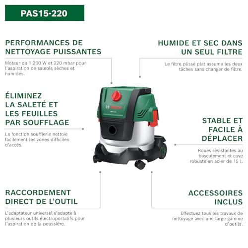 Aspirateur Universel Bosch PAS 15-220PRS – 1200W, 15L, 220 mbar - vue 7