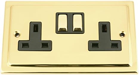 A5 Double Plug Socket 2 Gang 13A - Polished Brass - Victorian - Black Insert - Metal Rocker Switch
