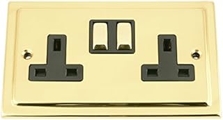 A5 Double Plug Socket 2 Gang 13A - Polished Brass - Victorian - Black Insert - Metal Rocker Switch