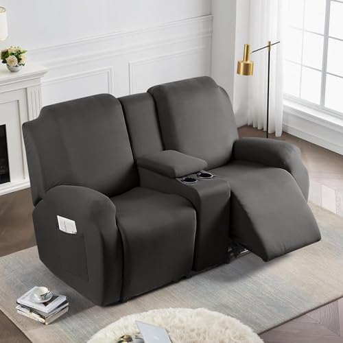 Housse de chaise inclinable extensible avec housse de console centrale en tissu lambeaux de lait gris foncé pour causeuse inclinable double siège Chivas