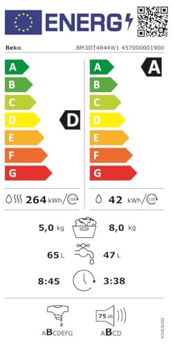 Beko BM3DT4844W1 Waschtrockner Frontlader, 8 kg Waschen / 5 kg Trocknen, 1400 U/Min., SteamCure, EnergySpin, Hygiene Therapy, ProSmart Inverter Motor mit 10 Jahren Motorgarantie, 15 Programme, Weiß