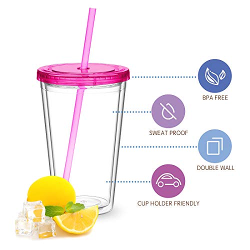 CIVAGO Clear Insulated Acrylic Plastic Tumbler Set with Lid and Reusable Straw, Classic Double Wall Tumbler Cup - 16 oz, 12 Pack Bulk (All Clear) - Thumbnail 3