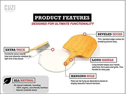 Cuzi Gourmet 4-Piece Large Pizza Stone Set - 13" Thermal Shock Resistant Cordierite Pizza Stone With Handle Rack, 19" Natural Bamboo Pizza Peel & Pizza Cutter - Large Baking Stone For Grill And Oven #TOP5