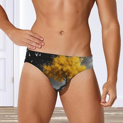Yellow Tree Boat Printed Swim Briefs for Men Sexy Bikini Swimwear Elastic Beach Trunks Bathing Suit2