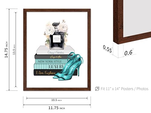 Image of Poster Master Fashion Print - Blue Designer Poster - Shoes & Perfume Art - Chic Gift for Her & Fashionista - Luxury Haute Couture Decor for Bedroom or Girl's Room - 11x14 Brown Framed